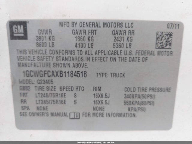 Продажа на аукционе авто 2011 Chevrolet Express 2500 Work Van, vin: 1GCWGFCAXB1184518, номер лота: 45258090
