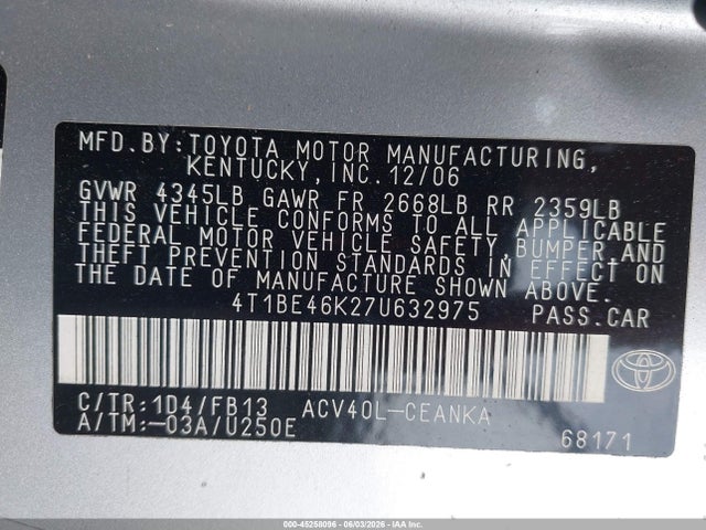 Продаж на аукціоні авто 2007 Toyota Camry Le, vin: 4T1BE46K27U632975, номер лоту: 45258096