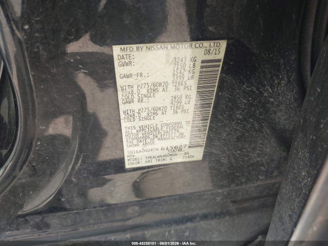 Aukcja sprzedaży 2015 Nissan Armada Platinum, vin: 5N1BA0ND4FN615627, numer aukcji: 45258101