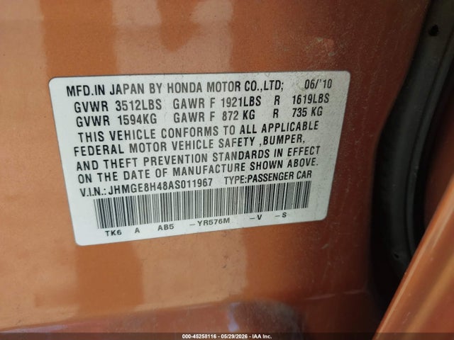 Продажа на аукционе авто 2010 Honda Fit Sport, vin: JHMGE8H48AS011967, номер лота: 45258116
