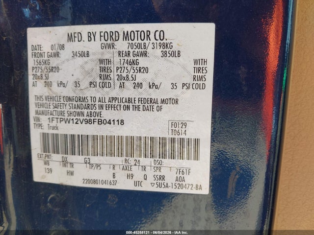 Продажа на аукционе авто 2008 Ford F-150, vin: 1FTPW12V98FB04118, номер лота: 45258121