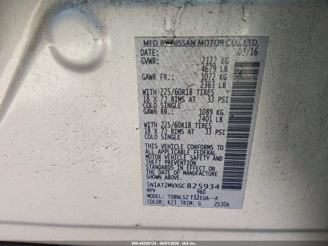 Aukcja sprzedaży 2016 Nissan Rogue Sl, vin: 5N1AT2MVXGC825934, numer aukcji: 45258124