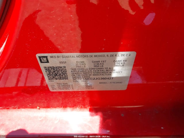 Aukcja sprzedaży 2018 Gmc Sierra 1500 Slt, vin: 3GTP1NEC2JG360427, numer aukcji: 45258132