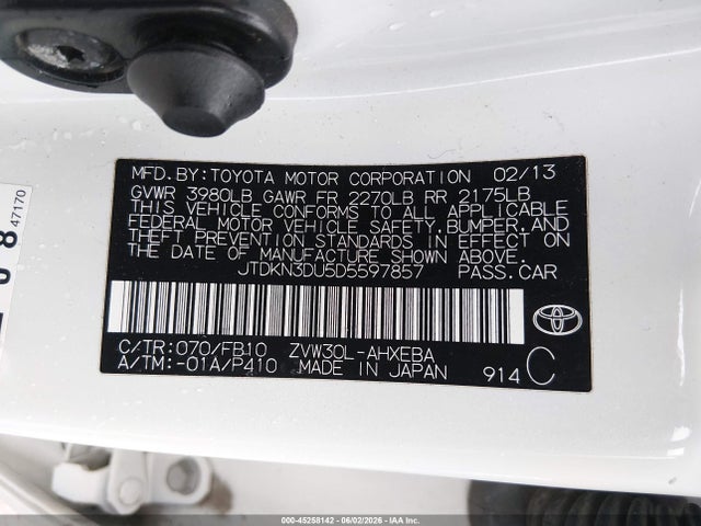 2013 Toyota Prius Three მანქანა იყიდება აუქციონზე, vin: JTDKN3DU5D5597857, აუქციონის ნომერი: 45258142