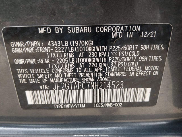 Продаж на аукціоні авто 2022 Subaru Crosstrek Premium, vin: JF2GTAPC7NH214523, номер лоту: 45258161