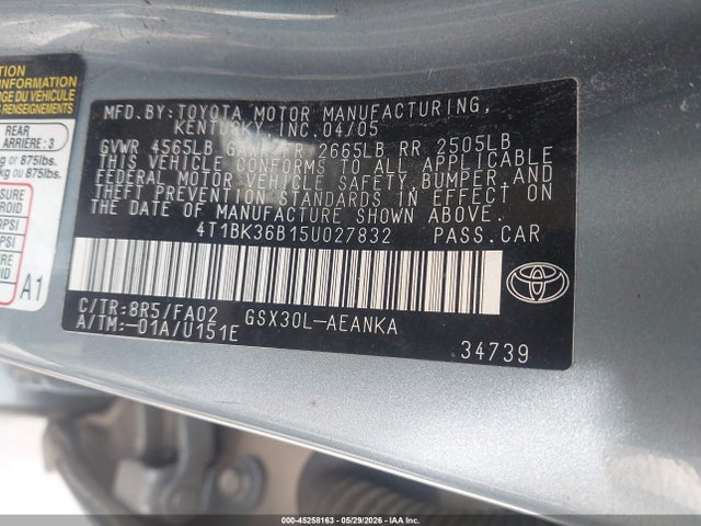 2005 Toyota Avalon Xl მანქანა იყიდება აუქციონზე, vin: 4T1BK36B15U027832, აუქციონის ნომერი: 45258163