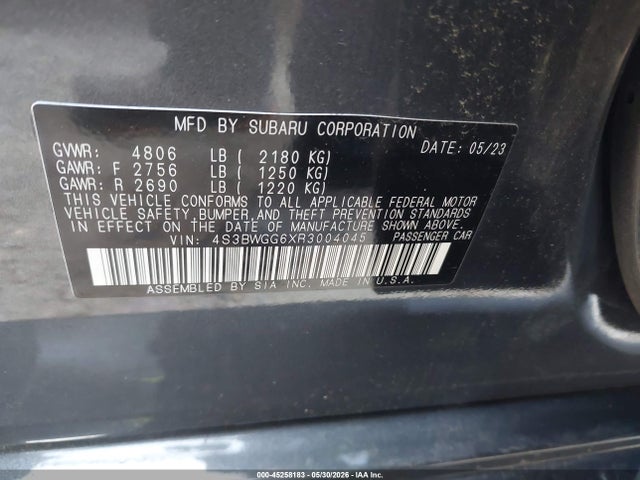 Aukcja sprzedaży 2024 Subaru Legacy Sport, vin: 4S3BWGG6XR3004045, numer aukcji: 45258183