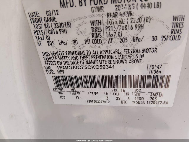 2012 Ford Escape Xls მანქანა იყიდება აუქციონზე, vin: 1FMCU0C75CKC59341, აუქციონის ნომერი: 45258186