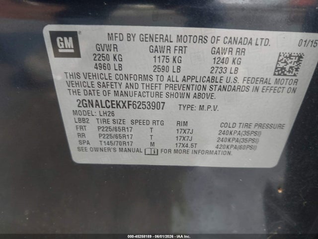 45258189 :رقم المزاد ، 2GNALCEKXF6253907 vin ، 2015 Chevrolet Equinox 2lt مزاد بيع