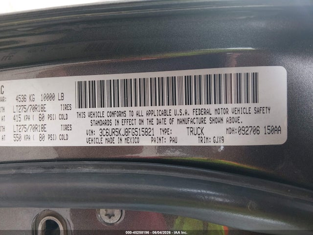 45258196 :رقم المزاد ، 3C6UR5KJ8FG515821 vin ، 2015 Ram 2500 Laramie مزاد بيع