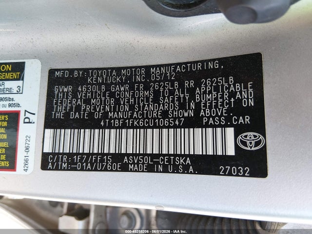 45258206 :رقم المزاد ، 4T1BF1FK6CU106547 vin ، 2012 Toyota Camry Se مزاد بيع