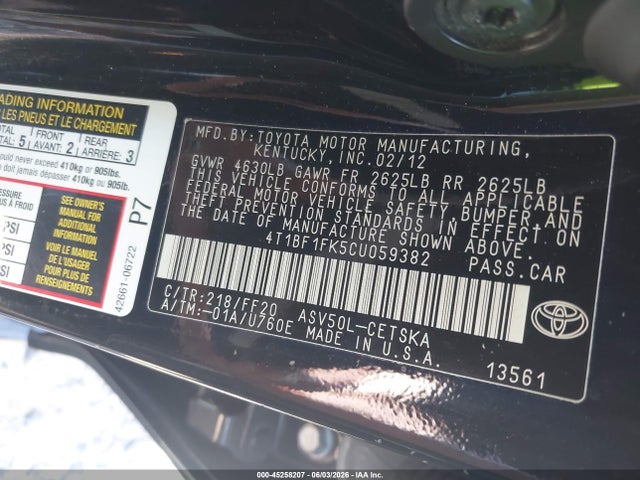Aukcja sprzedaży 2012 Toyota Camry Se/le/xle, vin: 4T1BF1FK5CU059382, numer aukcji: 45258207