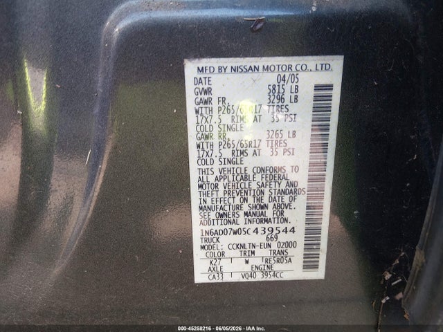 Aukcja sprzedaży 2005 Nissan Frontier Le, vin: 1N6AD07W05C439544, numer aukcji: 45258216