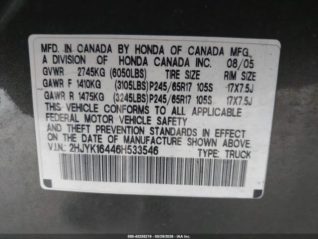 45258219 :رقم المزاد ، 2HJYK16446H533546 vin ، 2006 Honda Ridgeline Rts مزاد بيع