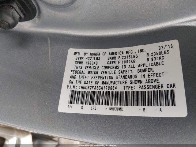 Aukcja sprzedaży 2016 Honda Accord Ex-l, vin: 1HGCR2F88GA179664, numer aukcji: 45258225