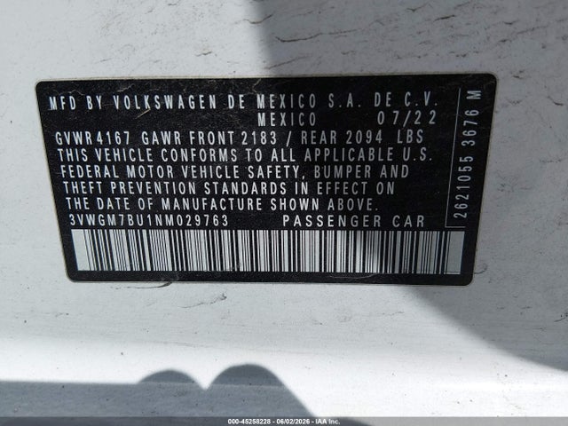 2022 Volkswagen Jetta 1.5t Sel მანქანა იყიდება აუქციონზე, vin: 3VWGM7BU1NM029763, აუქციონის ნომერი: 45258228
