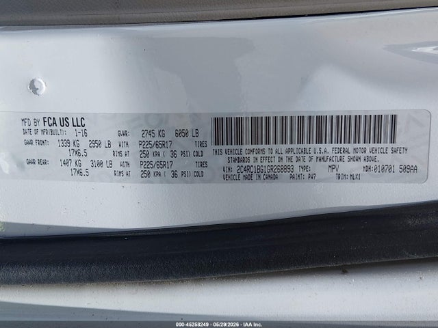 45258249 :رقم المزاد ، 2C4RC1BG1GR268893 vin ، 2016 Chrysler Town & Country Touring مزاد بيع