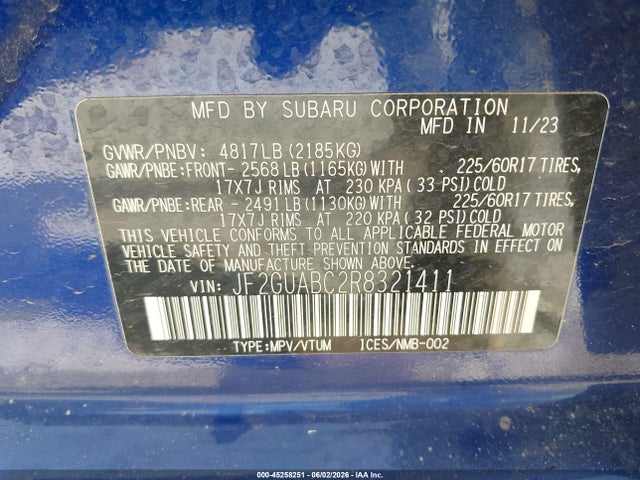 Продаж на аукціоні авто 2024 Subaru Crosstrek, vin: JF2GUABC2R8321411, номер лоту: 45258251