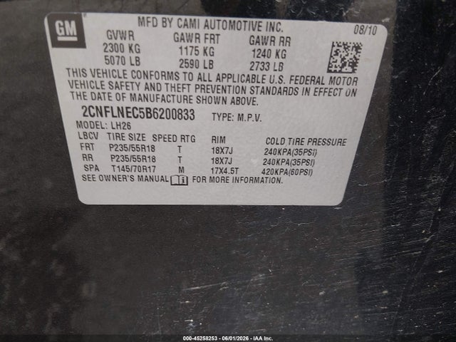 45258253 :رقم المزاد ، 2CNFLNEC5B6200833 vin ، 2011 Chevrolet Equinox 2lt مزاد بيع