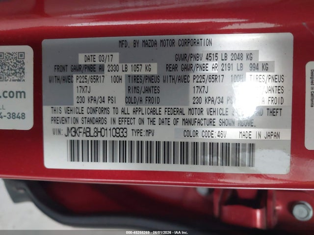45258269 :رقم المزاد ، JM3KFABL8H0110933 vin ، 2017 Mazda Cx-5 Sport مزاد بيع