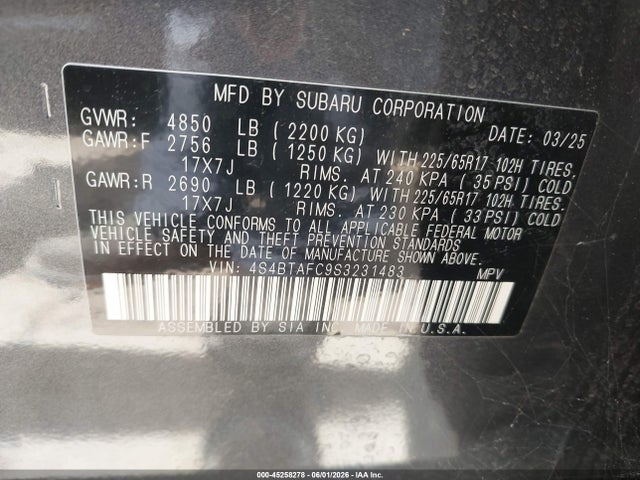 Aukcja sprzedaży 2025 Subaru Outback Premium, vin: 4S4BTAFC9S3231483, numer aukcji: 45258278