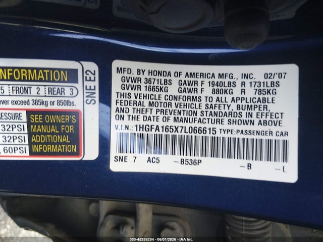45258294 :رقم المزاد ، 1HGFA165X7L066615 vin ، 2007 Honda Civic Lx مزاد بيع