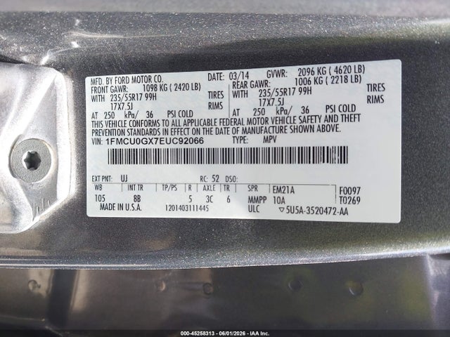 2014 Ford Escape Se მანქანა იყიდება აუქციონზე, vin: 1FMCU0GX7EUC92066, აუქციონის ნომერი: 45258313