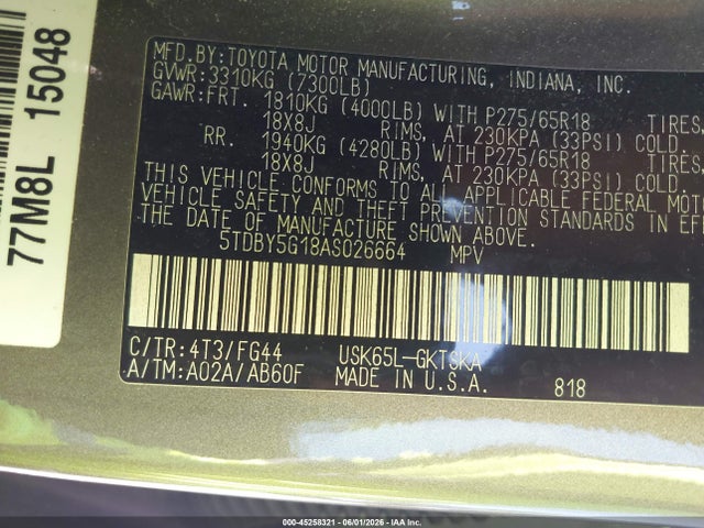 Продаж на аукціоні авто 2010 Toyota Sequoia Sr5 5.7l V8, vin: 5TDBY5G18AS026664, номер лоту: 45258321