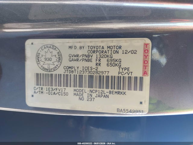 45258322 :رقم المزاد ، JTDBT123730282977 vin ، 2003 Toyota Echo مزاد بيع