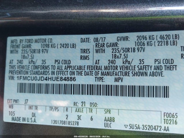 Продаж на аукціоні авто 2017 Ford Escape Titanium, vin: 1FMCU0JD4HUE84886, номер лоту: 45258326