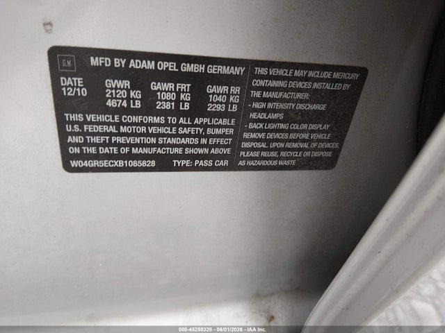 Aukcja sprzedaży 2011 Buick Regal Cxl Russelsheim, vin: W04GR5ECXB1085828, numer aukcji: 45258328