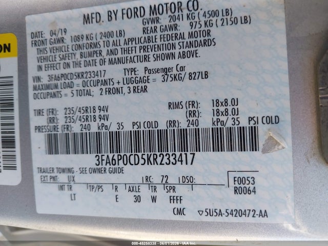 Продажа на аукционе авто 2019 Ford Fusion Sel, vin: 3FA6P0CD5KR233417, номер лота: 45258338