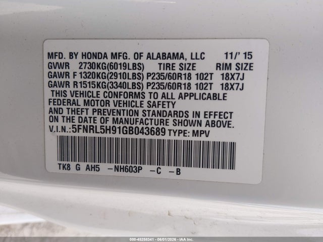 Aukcja sprzedaży 2016 Honda Odyssey Touring/touring Elite, vin: 5FNRL5H91GB043689, numer aukcji: 45258341