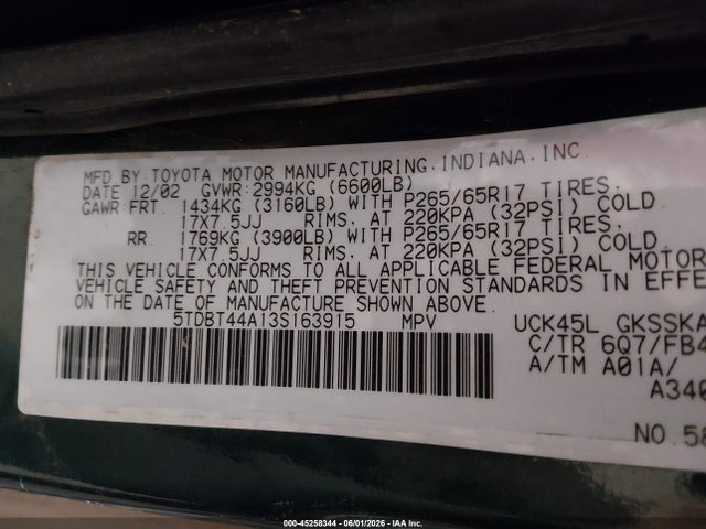 45258344 :رقم المزاد ، 5TDBT44A13S163915 vin ، 2003 Toyota Sequoia Sr5 V8 مزاد بيع