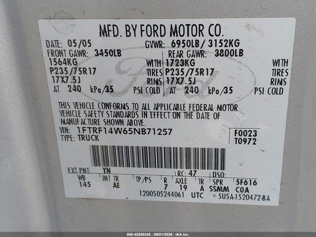 Aukcja sprzedaży 2005 Ford F-150 Stx/xl/xlt, vin: 1FTRF14W65NB71257, numer aukcji: 45258345