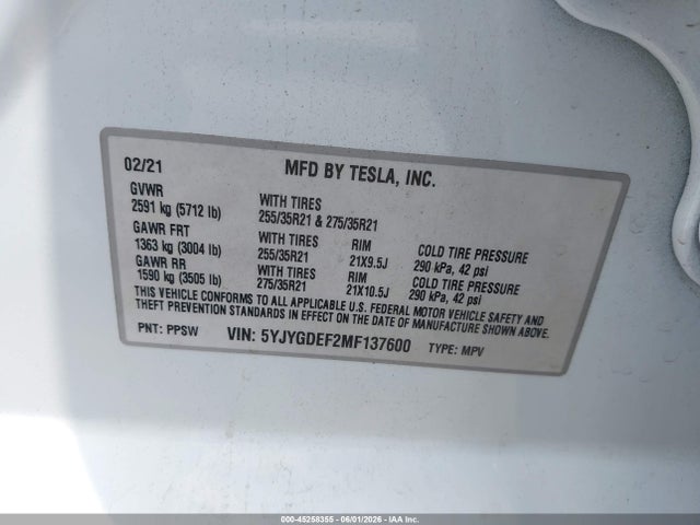 Aukcja sprzedaży 2021 Tesla Model Y Performance Dual Motor All-wheel Drive, vin: 5YJYGDEF2MF137600, numer aukcji: 45258355