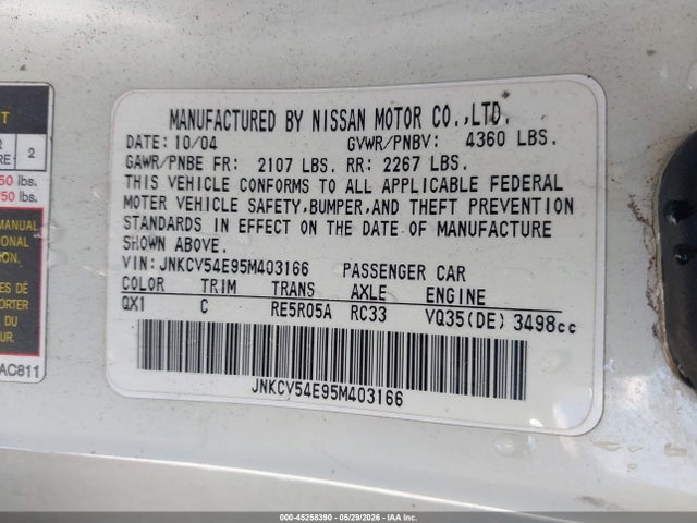 Продаж на аукціоні авто 2005 Infiniti G35, vin: JNKCV54E95M403166, номер лоту: 45258390