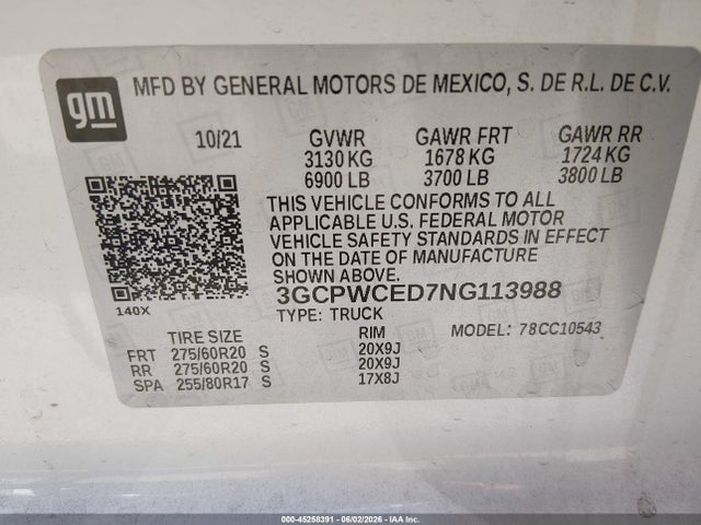 3GCPWCED7NG113988 Chevrolet Silverado 1500 Ltd 2wd Short Bed Lt