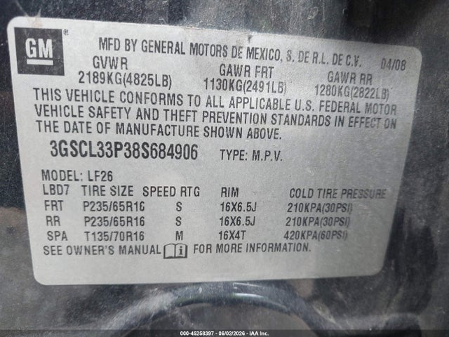 Aukcja sprzedaży 2008 Saturn Vue 4-cyl Xe, vin: 3GSCL33P38S684906, numer aukcji: 45258397