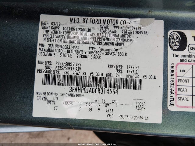 Продажа на аукционе авто 2012 Ford Fusion Sel, vin: 3FAHP0JA0CR314554, номер лота: 45258407