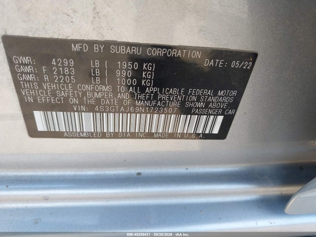 2022 Subaru Impreza Sport 5-door მანქანა იყიდება აუქციონზე, vin: 4S3GTAJ69N1723507, აუქციონის ნომერი: 45258431