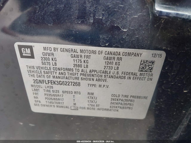 Продаж на аукціоні авто 2016 Chevrolet Equinox Lt, vin: 2GNFLFEK3G6227268, номер лоту: 45258434