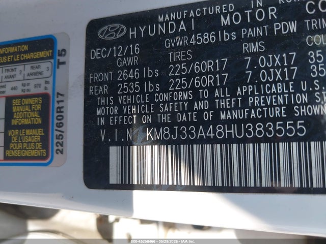 2017 Hyundai Tucson Se მანქანა იყიდება აუქციონზე, vin: KM8J33A48HU383555, აუქციონის ნომერი: 45258466