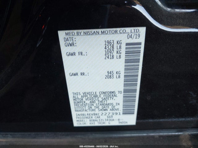 Продажа на аукционе авто 2019 Nissan Altima 2.5 Sl, vin: 1N4BL4EV8KC227391, номер лота: 45258468