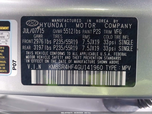 Aukcja sprzedaży 2016 Hyundai Santa Fe Limited, vin: KM8SR4HF4GU141960, numer aukcji: 45258470