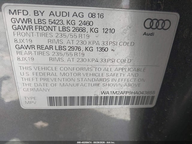 45258474 :رقم المزاد ، WA1M2AFP9HA043855 vin ، 2017 Audi Q5 2.0t Premium مزاد بيع