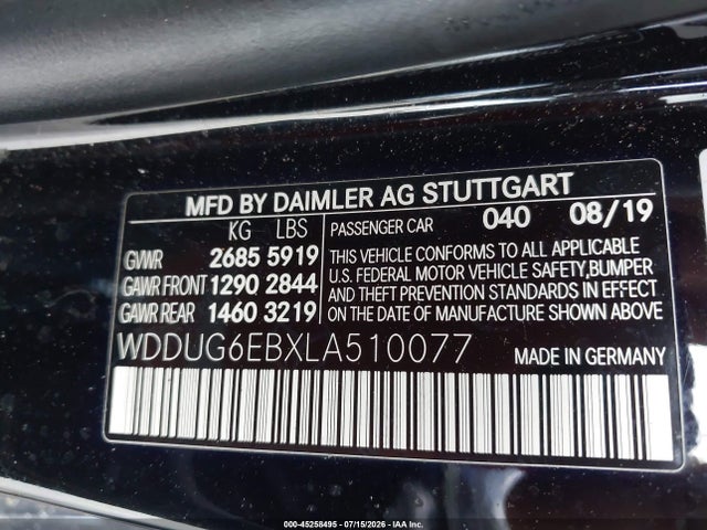45258495 :رقم المزاد ، WDDUG6EBXLA510077 vin ، 2020 Mercedes-benz S 450 4matic مزاد بيع