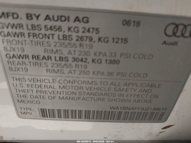 Aukcja sprzedaży 2018 Audi Q5 2.0t Premium/2.0t Tech Premium, vin: WA1BNAFY9J2199515, numer aukcji: 45258513