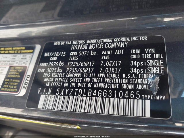 Aukcja sprzedaży 2016 Hyundai Santa Fe Sport 2.4l, vin: 5XYZTDLB4GG310465, numer aukcji: 45258520