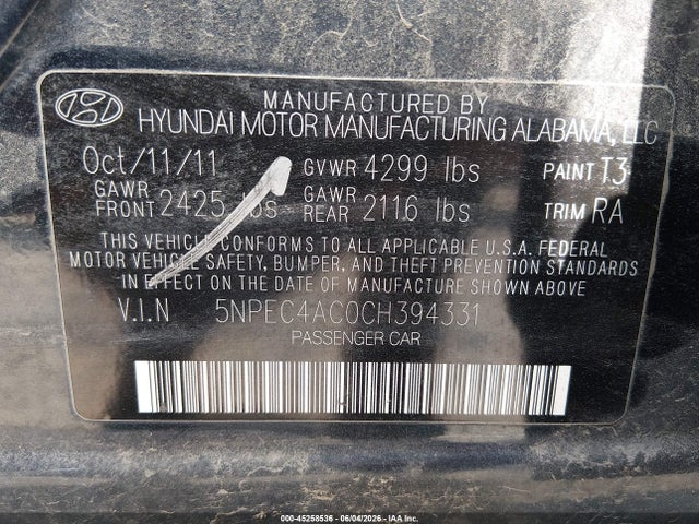 2012 Hyundai Sonata Limited მანქანა იყიდება აუქციონზე, vin: 5NPEC4AC0CH394331, აუქციონის ნომერი: 45258536
